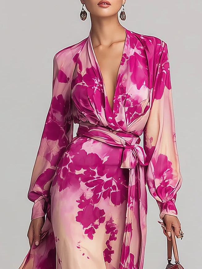 Elegant Rose Red Floral Maxi Dress for Women with V Neck Bishop Sleeve Wrap Belted Flowing Style