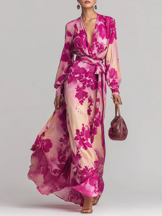 Elegant Rose Red Floral Maxi Dress for Women with V Neck Bishop Sleeve Wrap Belted Flowing Style