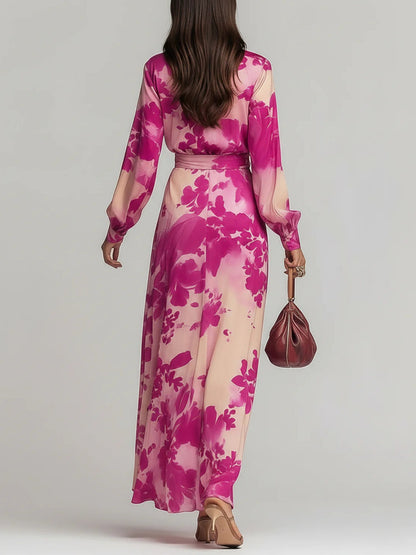 Elegant Rose Red Floral Maxi Dress for Women with V Neck Bishop Sleeve Wrap Belted Flowing Style
