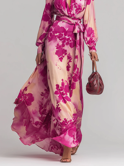 Elegant Rose Red Floral Maxi Dress for Women with V Neck Bishop Sleeve Wrap Belted Flowing Style