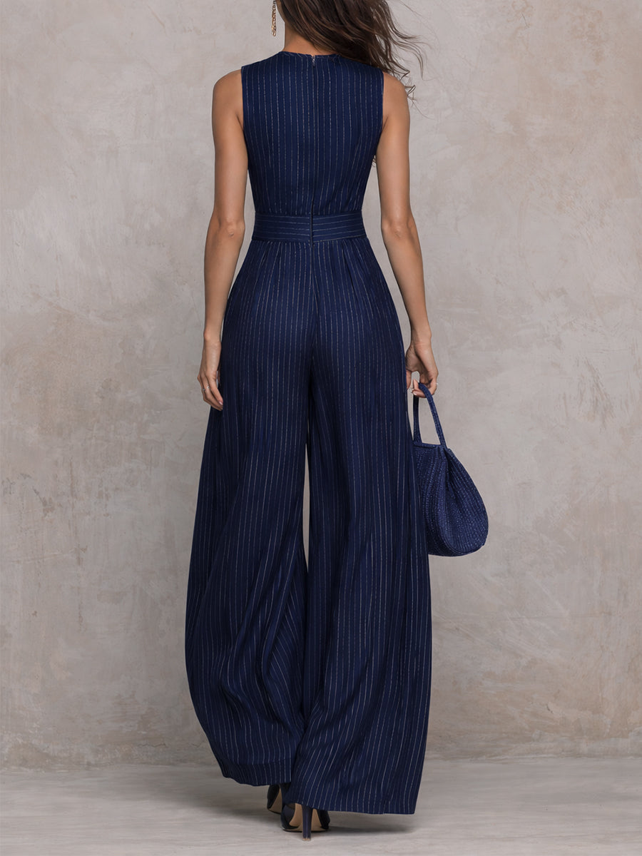 Elegant Dark Blue Pinstripe Jumpsuit for Women with Mandarin Collar Keyhole Sleeveless Wide Leg Style