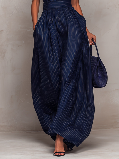 Elegant Dark Blue Pinstripe Jumpsuit for Women with Mandarin Collar Keyhole Sleeveless Wide Leg Style