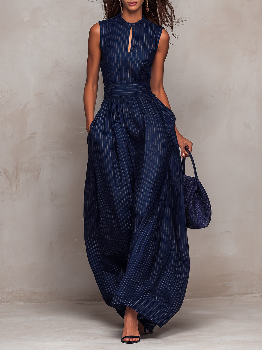Elegant Dark Blue Pinstripe Jumpsuit for Women with Mandarin Collar Keyhole Sleeveless Wide Leg Style