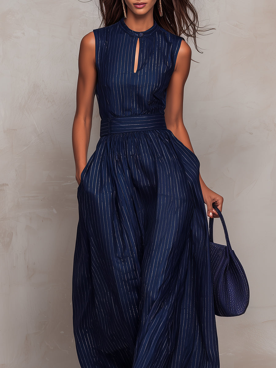 Elegant Dark Blue Pinstripe Jumpsuit for Women with Mandarin Collar Keyhole Sleeveless Wide Leg Style