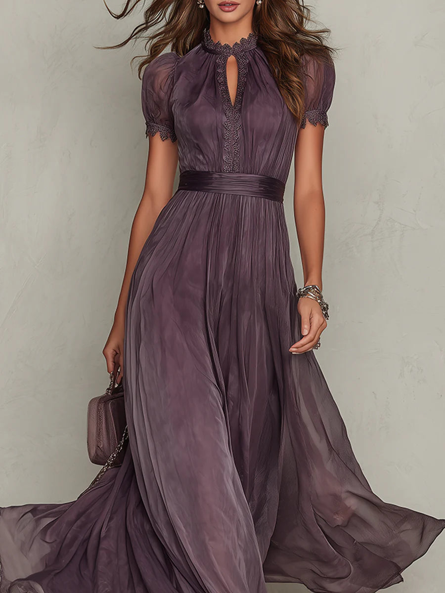 Elegant Chiffon Maxi Dress for Women with High Neck Keyhole Short Sleeve Lace Trim Flowing Style