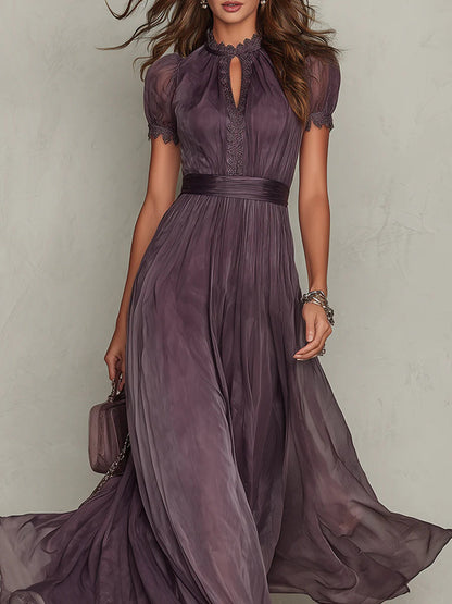 Elegant Chiffon Maxi Dress for Women with High Neck Keyhole Short Sleeve Lace Trim Flowing Style