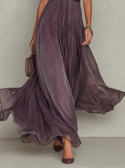 Elegant Chiffon Maxi Dress for Women with High Neck Keyhole Short Sleeve Lace Trim Flowing Style
