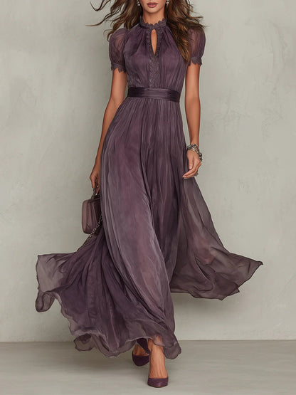 Elegant Chiffon Maxi Dress for Women with High Neck Keyhole Short Sleeve Lace Trim Flowing Style