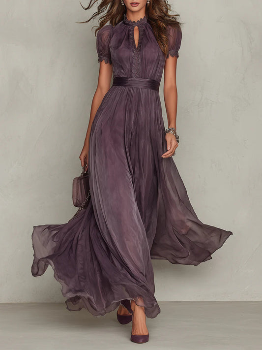 Elegant Chiffon Maxi Dress for Women with High Neck Keyhole Short Sleeve Lace Trim Flowing Style