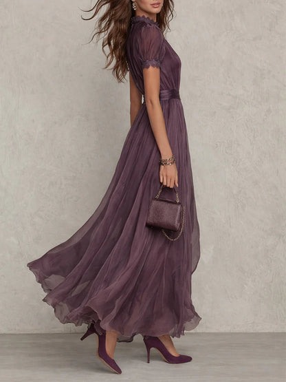 Elegant Chiffon Maxi Dress for Women with High Neck Keyhole Short Sleeve Lace Trim Flowing Style