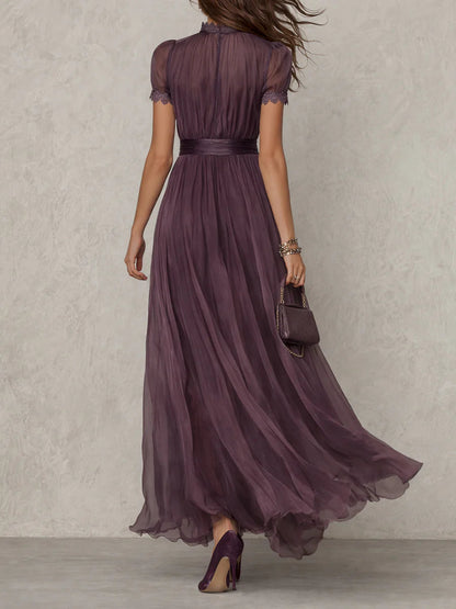 Elegant Chiffon Maxi Dress for Women with High Neck Keyhole Short Sleeve Lace Trim Flowing Style