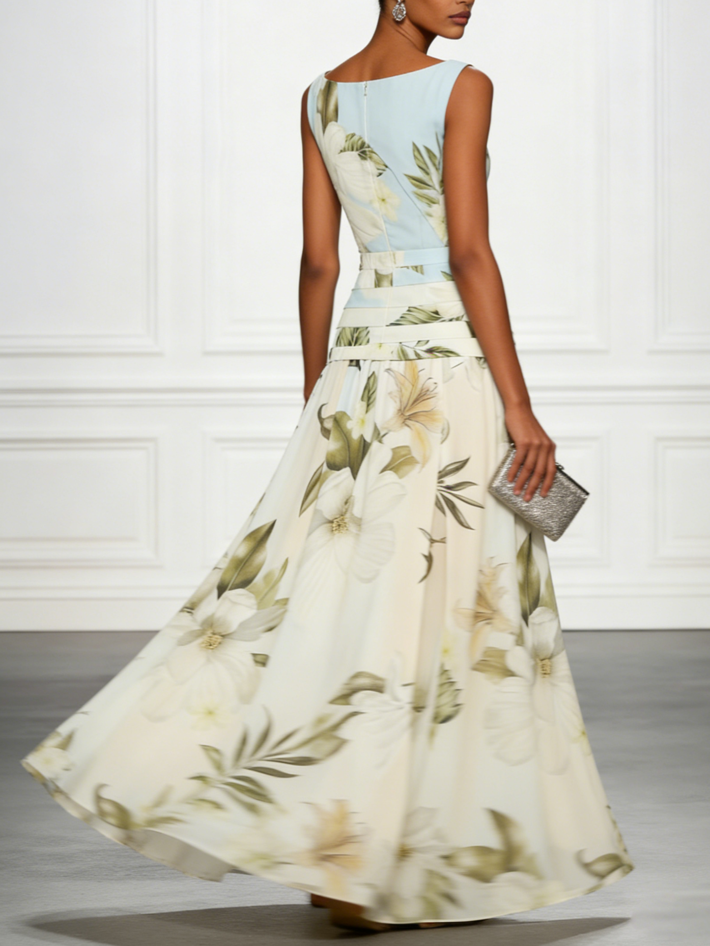 Elegant Blue Floral Maxi Dress for Women with Boat Neck Sleeveless Wrapped Waist Flowing Style