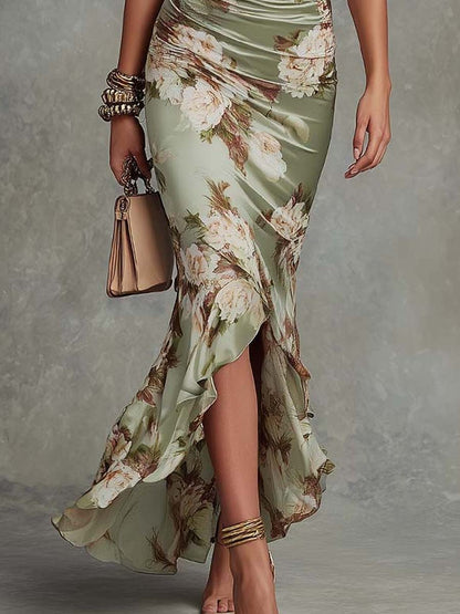 Effortless Floral Maxi Dress for Women with V Neck Flutter Sleeve Ruched Mermaid Ruffle Style