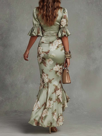 Effortless Floral Maxi Dress for Women with V Neck Flutter Sleeve Ruched Mermaid Ruffle Style