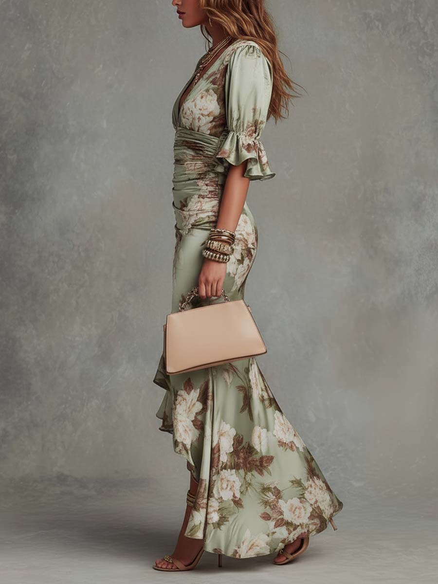 Effortless Floral Maxi Dress for Women with V Neck Flutter Sleeve Ruched Mermaid Ruffle Style