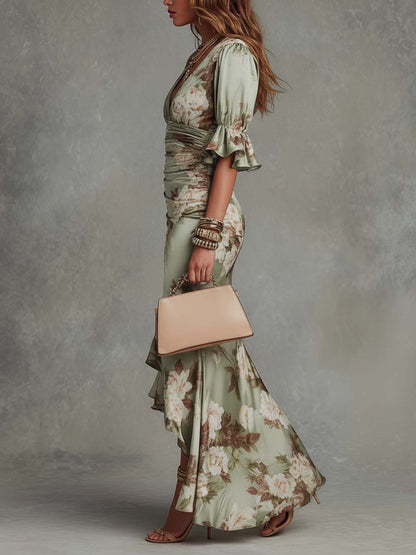 Effortless Floral Maxi Dress for Women with V Neck Flutter Sleeve Ruched Mermaid Ruffle Style