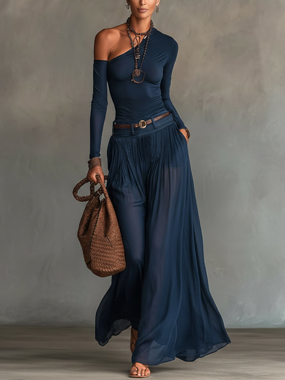 Effortless Navy Wide Leg Set for Women with Asymmetric Neck Long Sleeve Ruched Sheer Flowing Bohemian Style