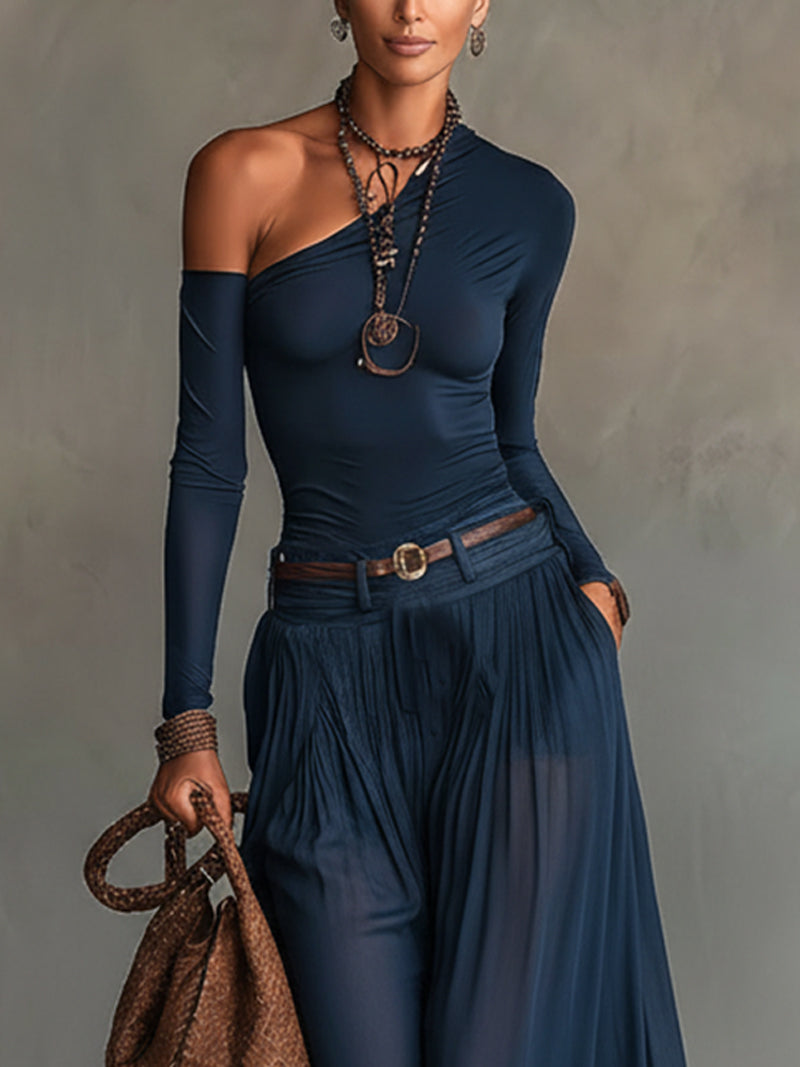 Effortless Navy Wide Leg Set for Women with Asymmetric Neck Long Sleeve Ruched Sheer Flowing Bohemian Style