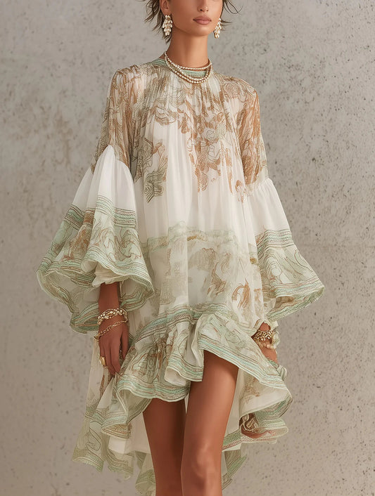 Effortless Green Printed Mini Dress for Women with Mock Neck Bell Sleeve High Low Ruffle Bohemian Style