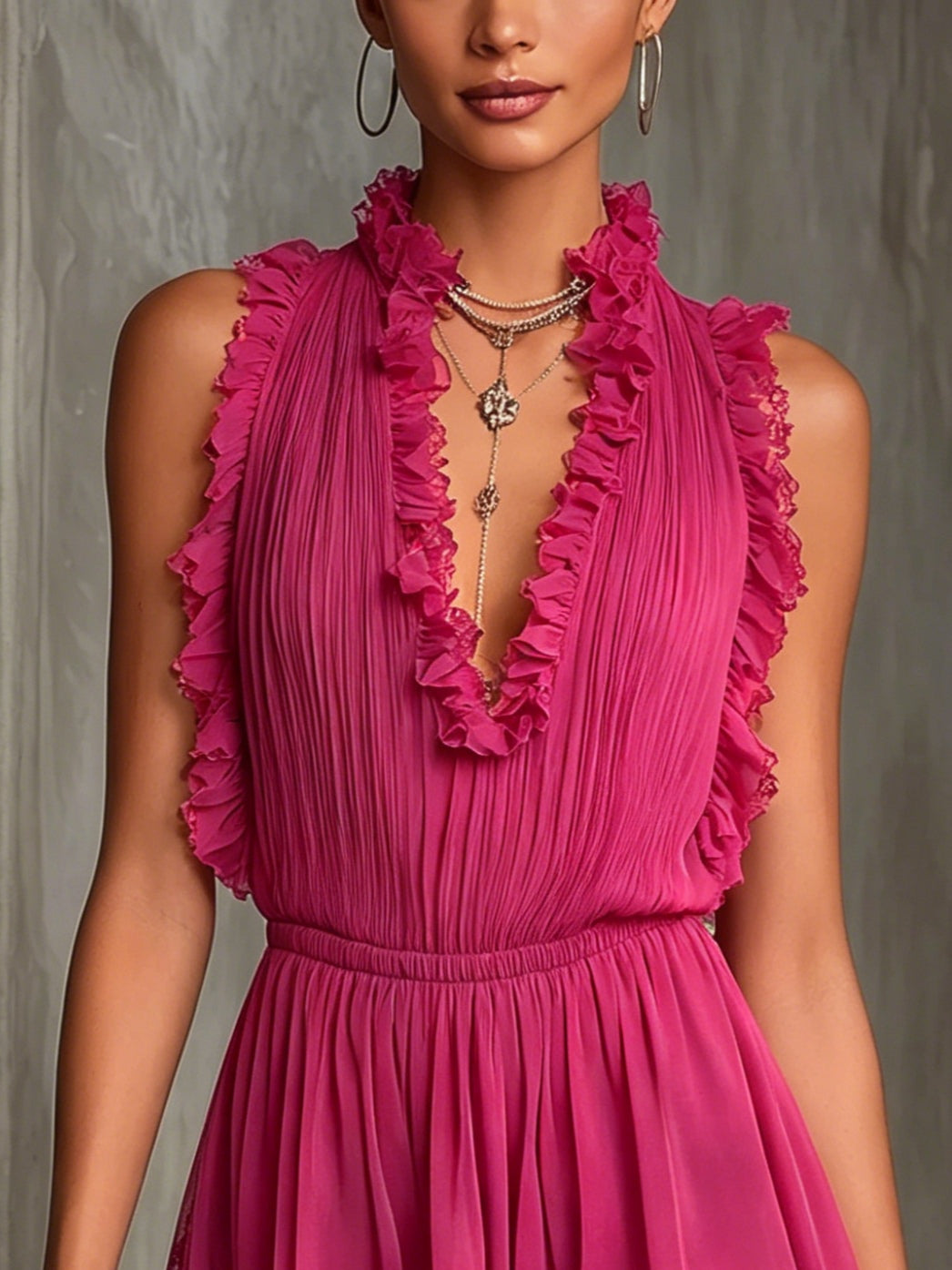 Elegant Fuchsia Pleated Romper for Women with Ruffle V Neck Sleeveless Lace Trim Flowing Style