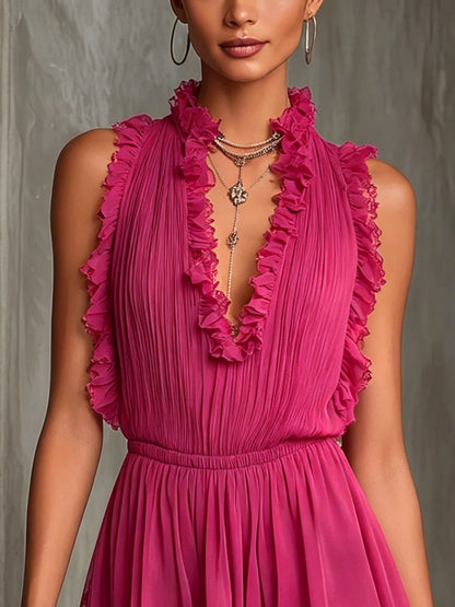 Elegant Fuchsia Pleated Romper for Women with Ruffle V Neck Sleeveless Lace Trim Flowing Style