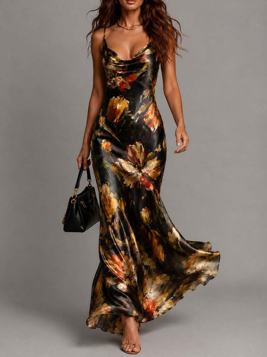 Elegant Satin Maxi Dress for Women with Cowl Neck Spaghetti Strap Floral Print Bias Cut Formal Style