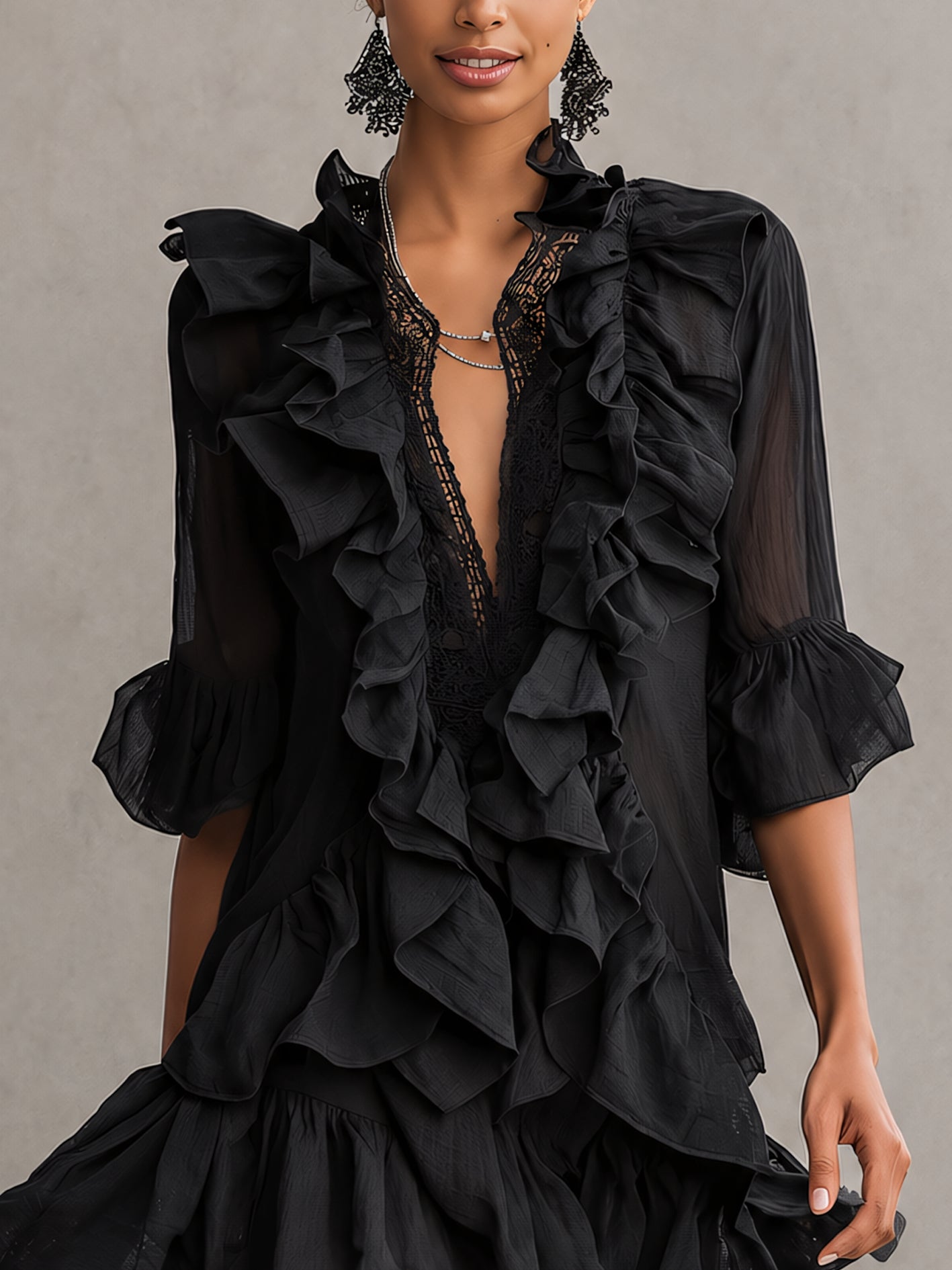 Elegant Black Chiffon Mini Dress for Women with Plunge Neck Ruffle Bell Sleeve Flowing Style