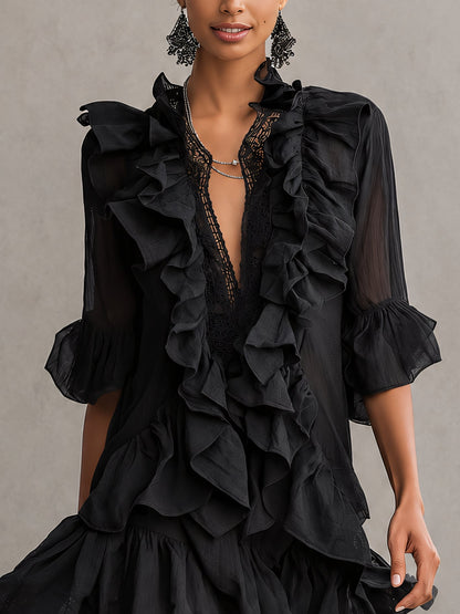 Elegant Black Chiffon Mini Dress for Women with Plunge Neck Ruffle Bell Sleeve Flowing Style