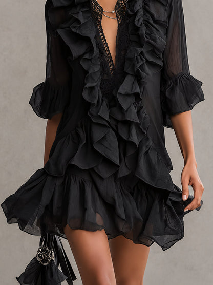 Elegant Black Chiffon Mini Dress for Women with Plunge Neck Ruffle Bell Sleeve Flowing Style