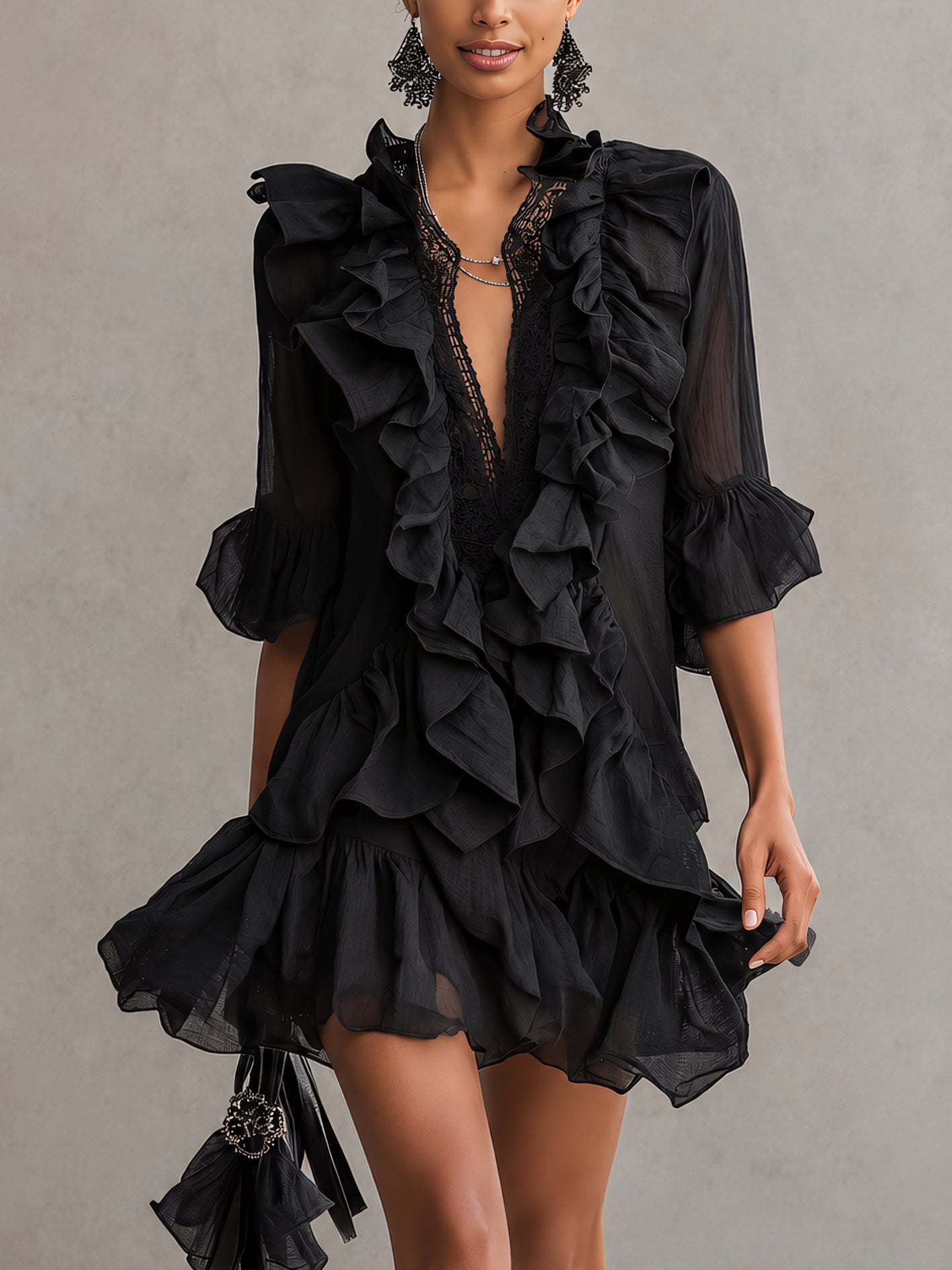 Elegant Black Chiffon Mini Dress for Women with Plunge Neck Ruffle Bell Sleeve Flowing Style