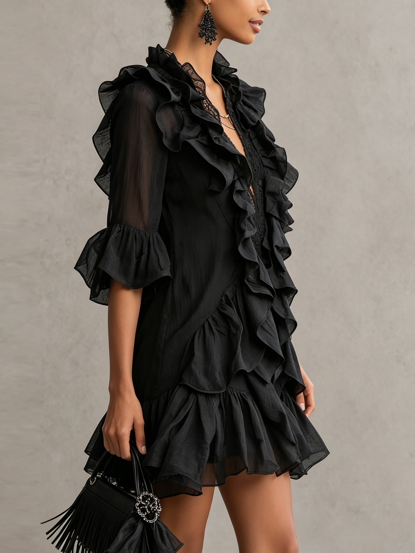 Elegant Black Chiffon Mini Dress for Women with Plunge Neck Ruffle Bell Sleeve Flowing Style