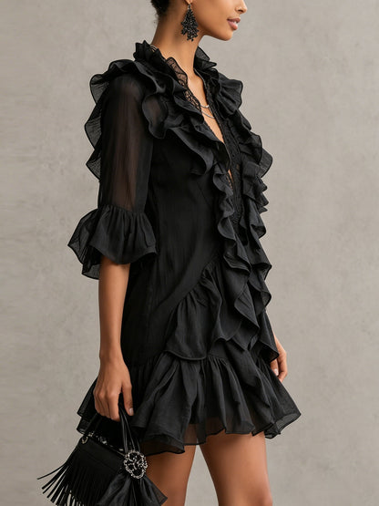 Elegant Black Chiffon Mini Dress for Women with Plunge Neck Ruffle Bell Sleeve Flowing Style
