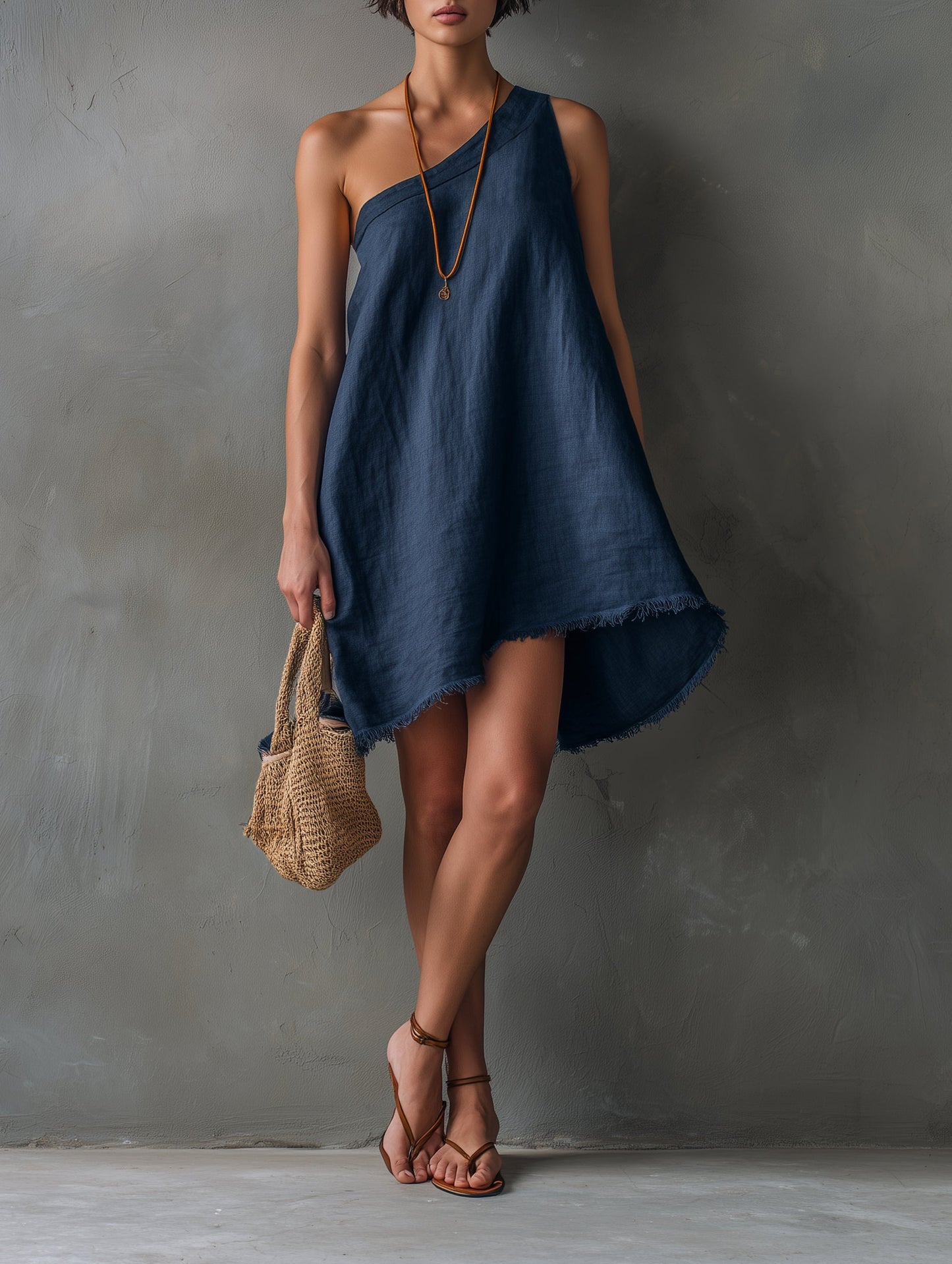 Effortless Navy Linen Mini Dress for Women with One Shoulder Asymmetric High Low Frayed Hem Bohemian Style