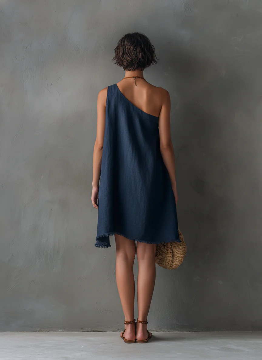 Effortless Navy Linen Mini Dress for Women with One Shoulder Asymmetric High Low Frayed Hem Bohemian Style