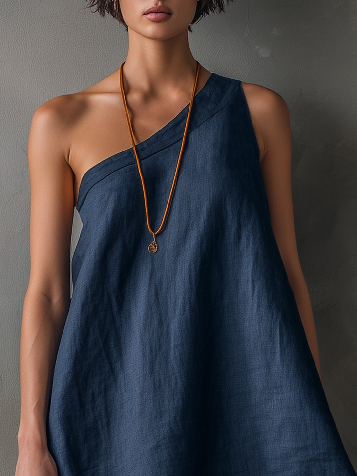 Effortless Navy Linen Mini Dress for Women with One Shoulder Asymmetric High Low Frayed Hem Bohemian Style