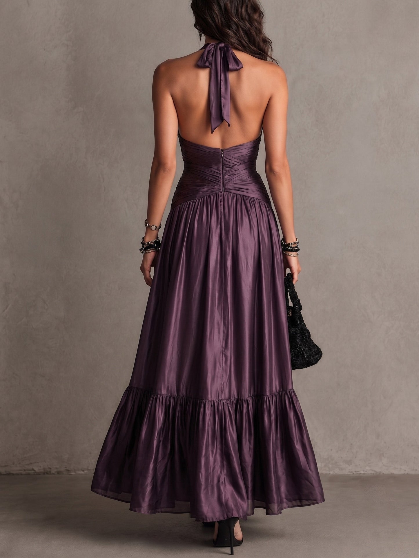 Elegant Purple Satin Maxi Dress for Women with Halter V-Neck Formal Wedding Guest Style