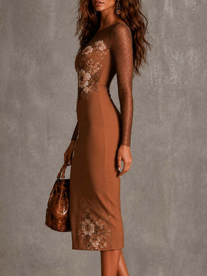 Elegant Brown Floral Midi Dress for Women with Round Neck Long Sleeve Mesh Bodycon Cocktail Style