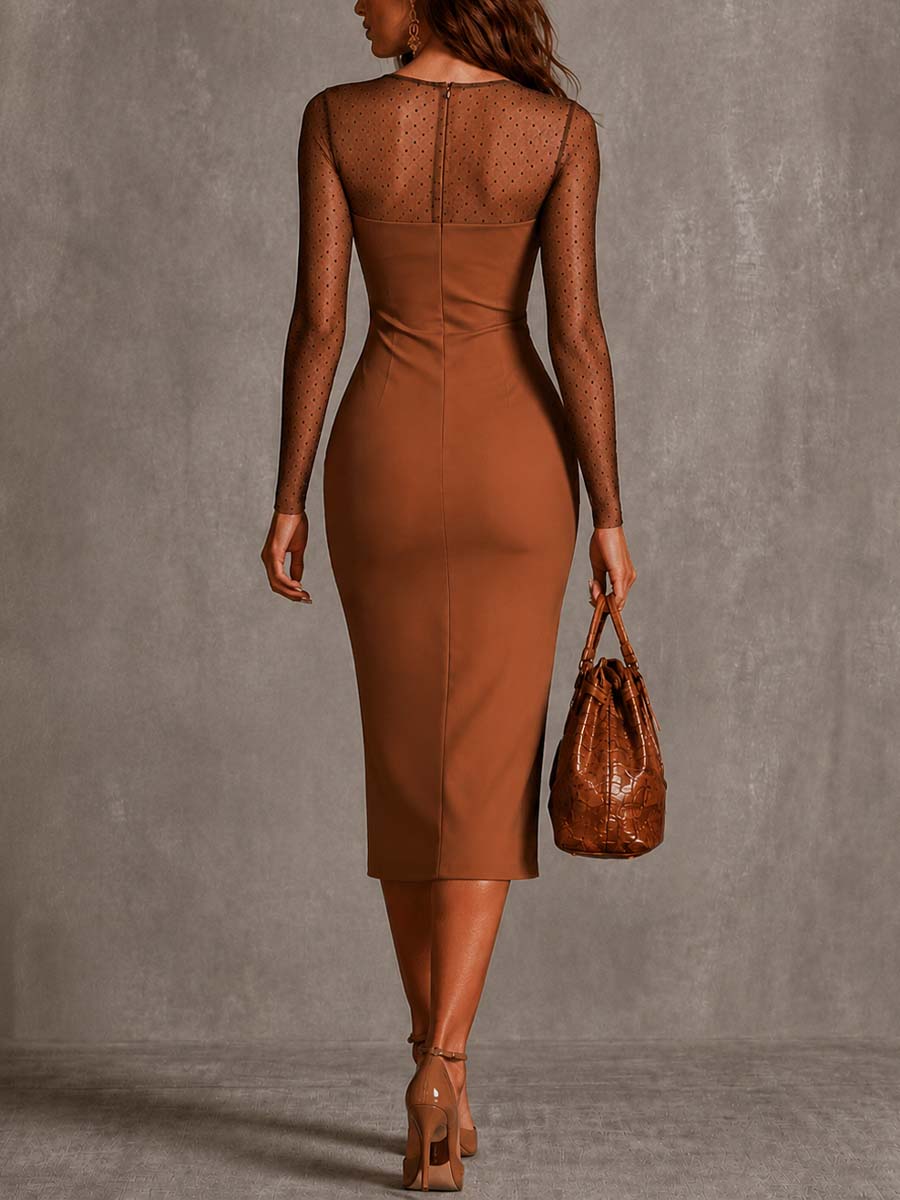 Elegant Brown Floral Midi Dress for Women with Round Neck Long Sleeve Mesh Bodycon Cocktail Style