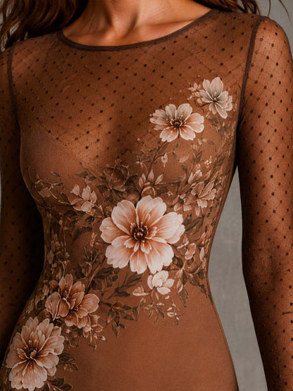 Elegant Brown Floral Midi Dress for Women with Round Neck Long Sleeve Mesh Bodycon Cocktail Style