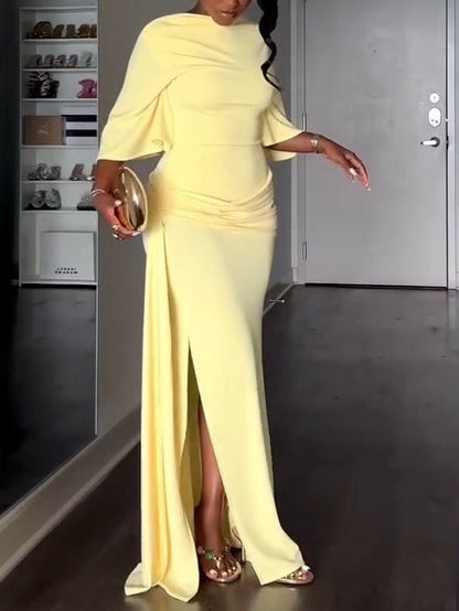 Elegant Yellow Maxi Dress for Women with High Neck Backless Batwing Sleeve Ruched Side Slit Formal Style