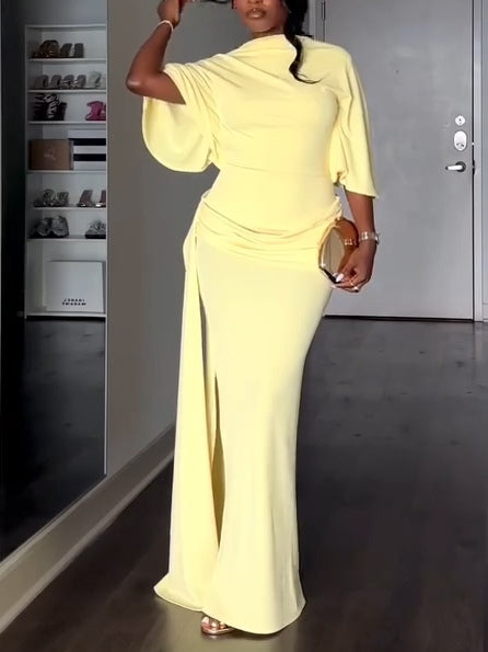 Elegant Yellow Maxi Dress for Women with High Neck Backless Batwing Sleeve Ruched Side Slit Formal Style