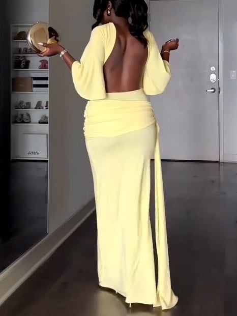 Elegant Yellow Maxi Dress for Women with High Neck Backless Batwing Sleeve Ruched Side Slit Formal Style