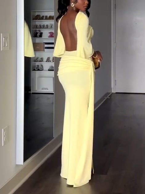 Elegant Yellow Maxi Dress for Women with High Neck Backless Batwing Sleeve Ruched Side Slit Formal Style