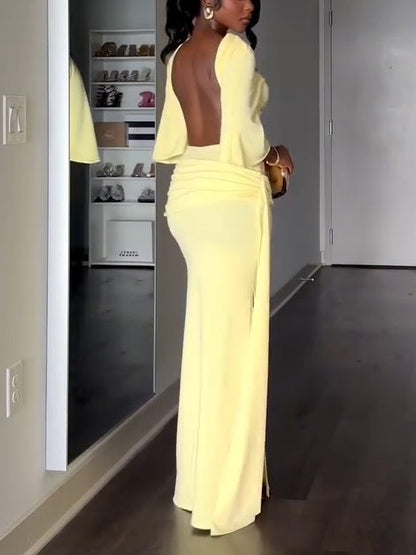 Elegant Yellow Maxi Dress for Women with High Neck Backless Batwing Sleeve Ruched Side Slit Formal Style