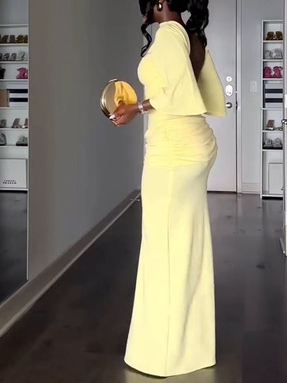 Elegant Yellow Maxi Dress for Women with High Neck Backless Batwing Sleeve Ruched Side Slit Formal Style