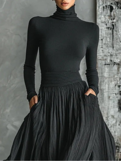 Elegant Black Pleated Two Piece Set for Women with High Neck Long Sleeve Maxi Skirt Slit Flowing Style