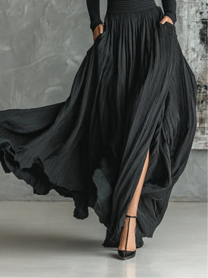 Elegant Black Pleated Two Piece Set for Women with High Neck Long Sleeve Maxi Skirt Slit Flowing Style