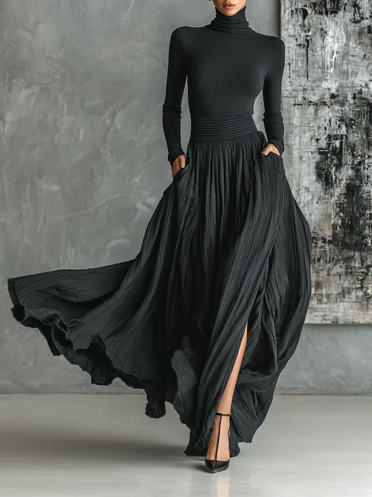 Elegant Black Pleated Two Piece Set for Women with High Neck Long Sleeve Maxi Skirt Slit Flowing Style