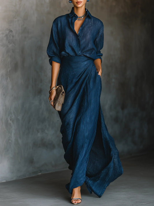 Elegant Dark Blue Textured Two Piece Set for Women with Collar Long Sleeve Wrap Maxi Skirt Flowing Style
