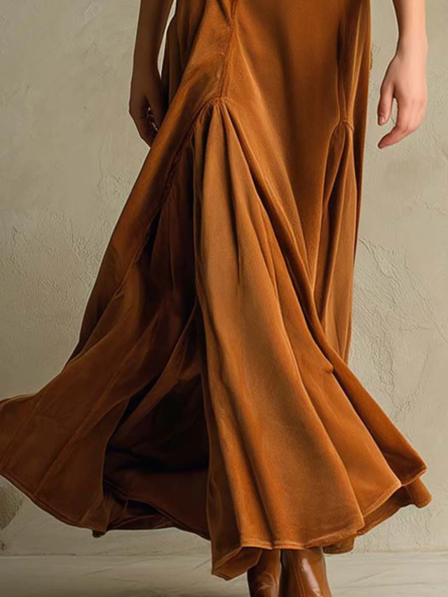 Elegant Velvet Maxi Dress for Women with Notch Lapel Collar Elbow Sleeve Button Front Flared Vintage Style